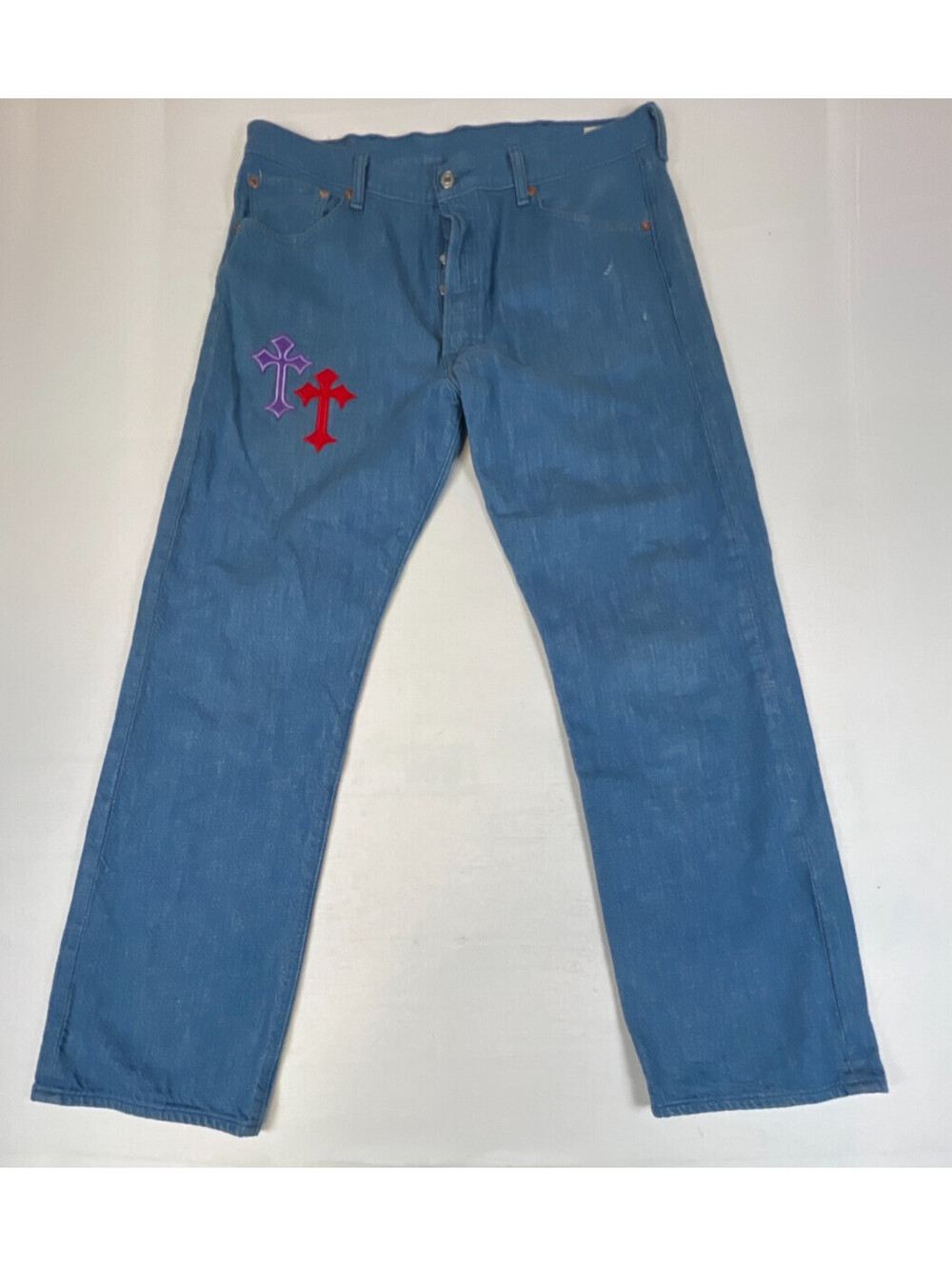 Levi's 501 Mens 38x32 Blue White Oak Cone Denim Jeans Cross Patches Custom